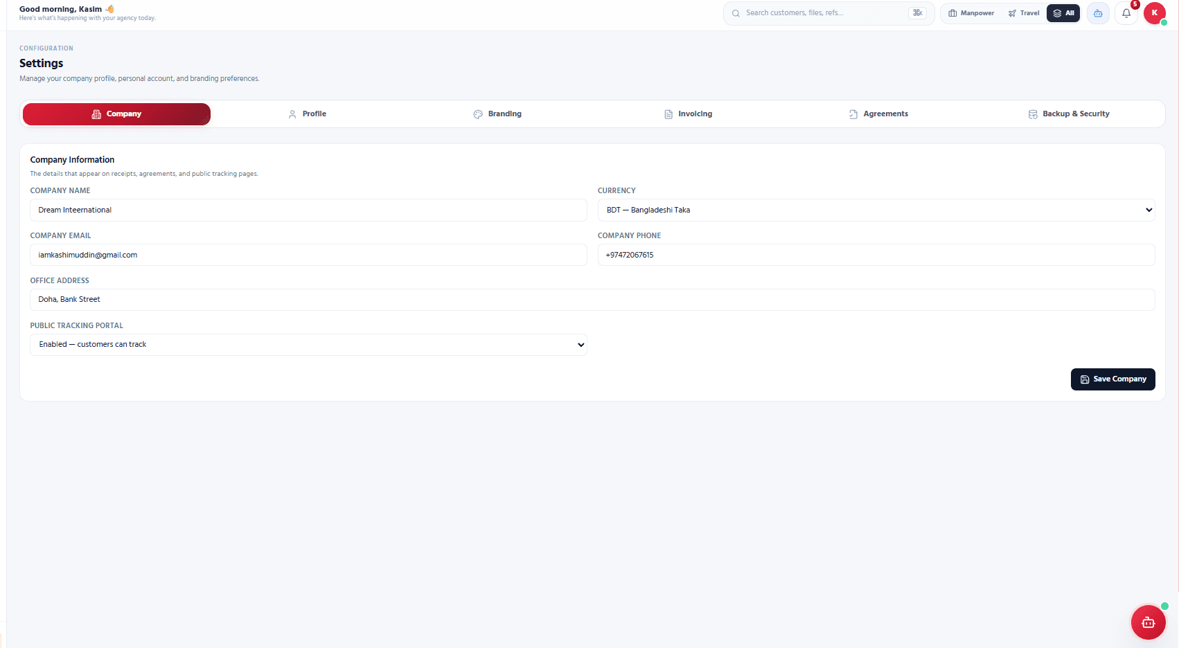 Settings — Company, Profile, Branding